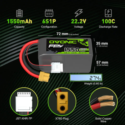 2 × Ovonic Batteria LiPo 6S 1550mAh 100C XT60 – 22.2V