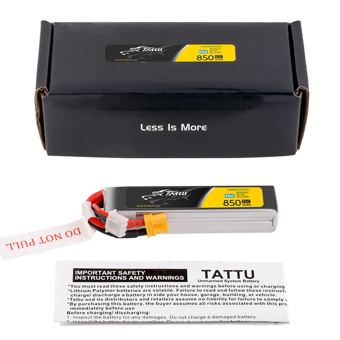 Batteria Lipo Tattu 850mAh 2S 7.6V HV 95C Long Pack con spina XT30 Tattu & Gens Ace