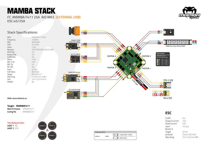 MAMBA F411 25A AIO MK2 4S 8bit Flight Controller Stack USB esterno Drone24Hours