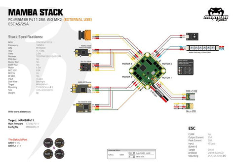 MAMBA F411 25A AIO MK2 4S 8bit Flight Controller Stack USB esterno