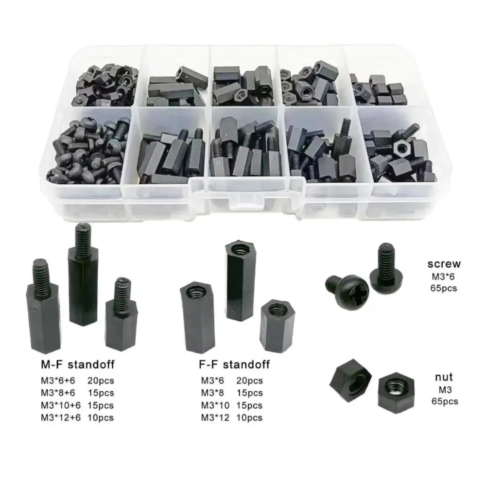 Set distanziatori e dadi in nylon M3 neri (250 pz)